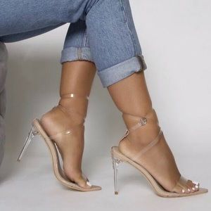 Clear Nude Patent Pointed Toe Strappy Heels